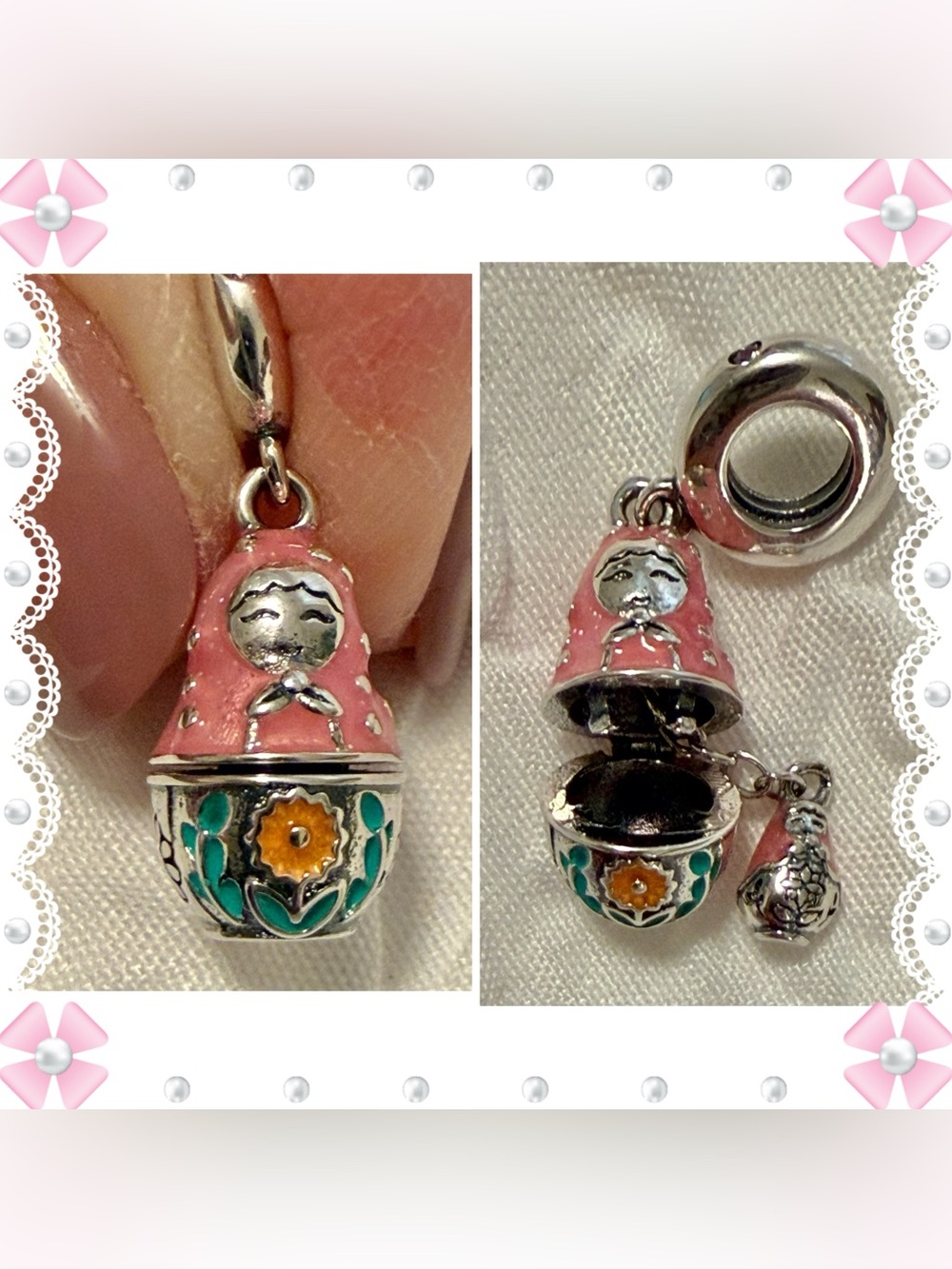 Charm / pendant - 1"h russian nesting doll charm - pink & silver tone. New!